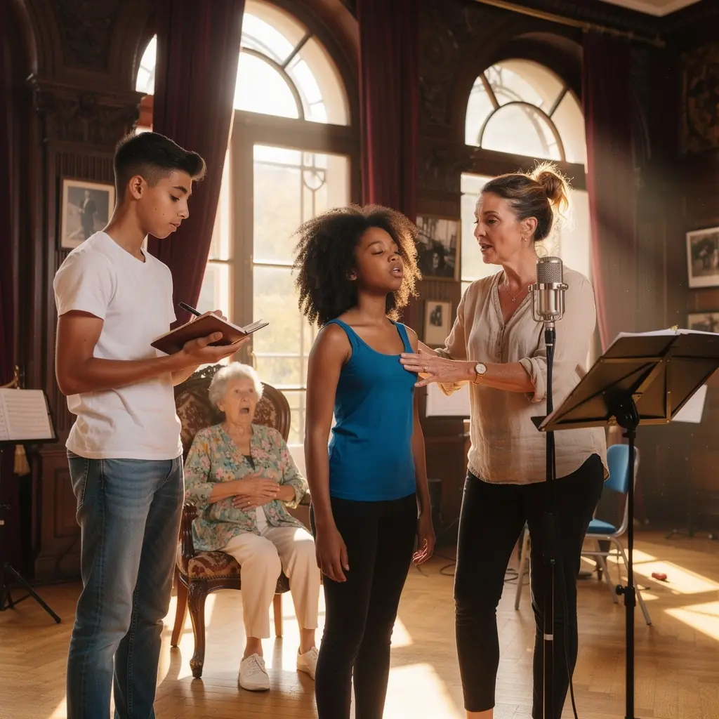 Diák énekel egy mikrofonba, miközben a légzését figyeli.