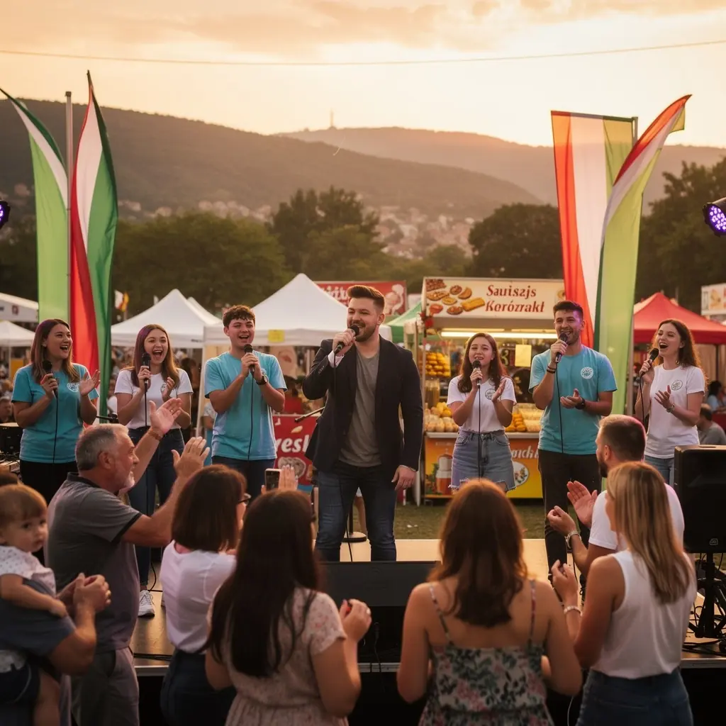 Tanulók különböző hangmagasságokat próbálnak ki, miközben egy zenekar kíséri őket.