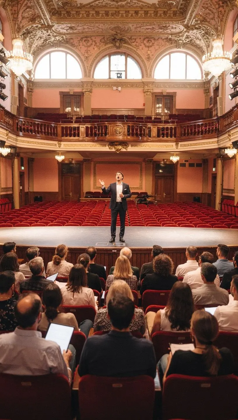 Tanulók különböző hangmagasságokat próbálnak ki, miközben egy zenekar kíséri őket.