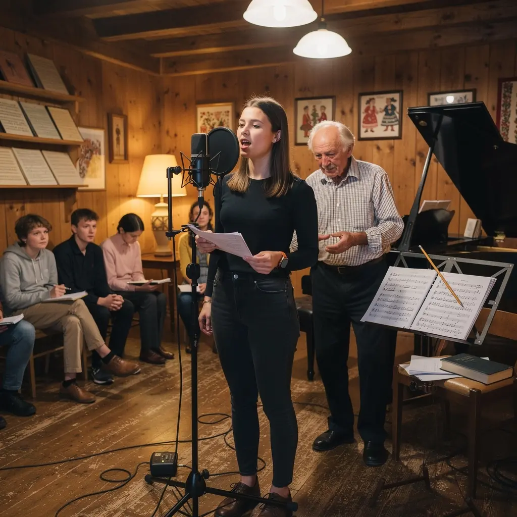 Tanulók különböző hangmagasságokat próbálnak ki, miközben egy zenekar kíséri őket.