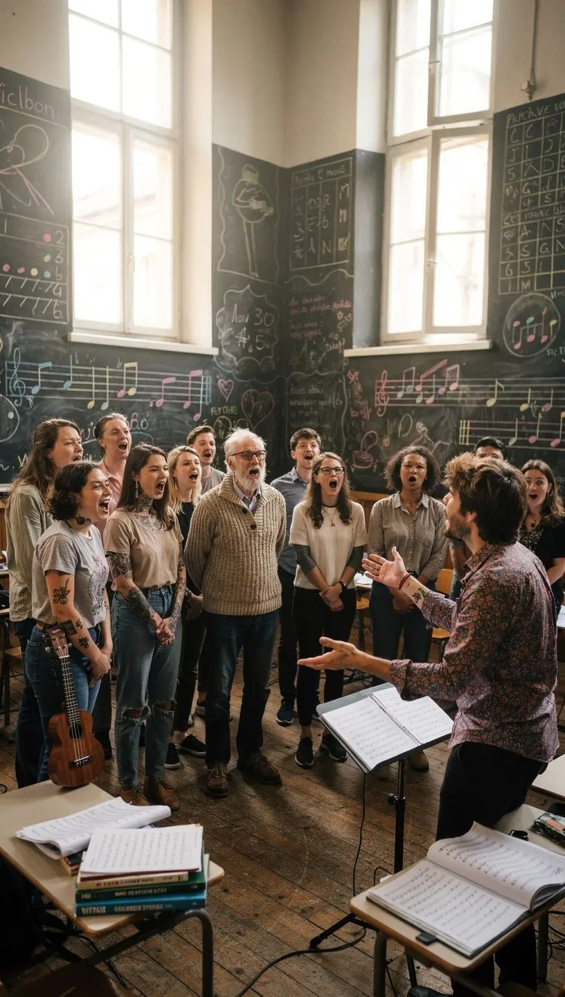 Tanulók különböző hangmagasságokat próbálnak ki, miközben egy zenekar kíséri őket.