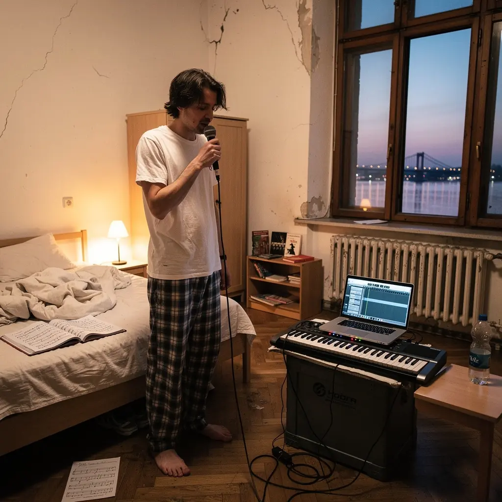 Tanulók különböző hangmagasságokat próbálnak ki, miközben egy zenekar kíséri őket.