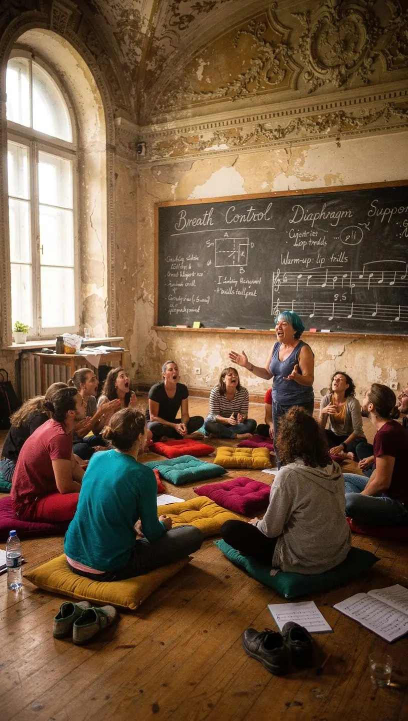 Tanulók különböző hangmagasságokat próbálnak ki, miközben egy zenekar kíséri őket.