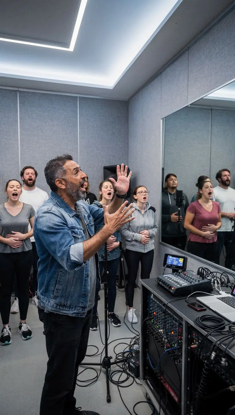 Tanulók különböző hangmagasságokat próbálnak ki, miközben egy zenekar kíséri őket.